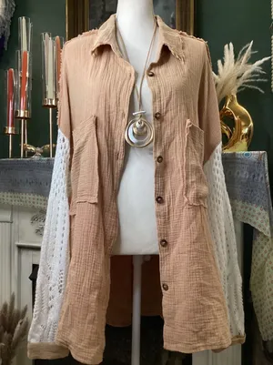 POL Womens Terracotta Gauze Crochet Lace Sleeve Button‎ Down Oversized Shirt Lg thumbnail 1