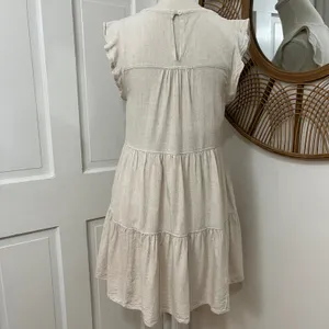 New In Linen Blend Tiered Mini Dress‎ S Boho Flutter Sleeve Coastal Minimalist thumbnail 3