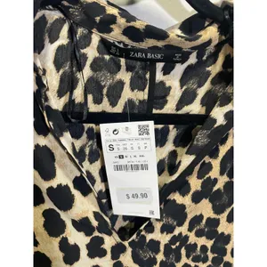 Zara Leopard Print Tunic Women Small‎ Tan Black V-Neck 3/4 Sleeve Animal Blouse thumbnail 3
