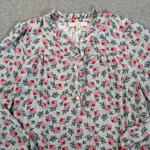 LOFT Women's Medium Floral Dotted Blouse Ruffle Neck Long Sleeve Button Top thumbnail 3