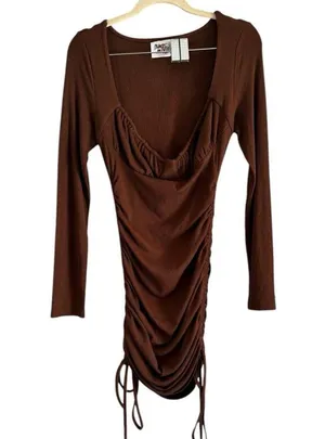 Princess Polly Brown Neive Long Sleeve Ribbed Ruched Mini Dress Size 6 thumbnail 4