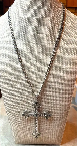 Goth Rhinestone Cross Curb Chain Necklace Silver thumbnail 1