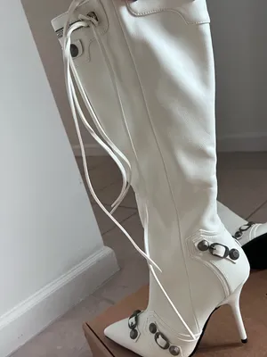 White Knee High Stiletto Boots | Y2K Moto Buckle Pointed Toe Cyber Glam Size 40 thumbnail 7