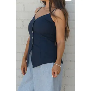 Olivaceous Ina Button‎ Top Navy Linen Cotton Blend Adjustable Strap Camisole C129-M Medium thumbnail 2