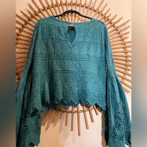 Free People Once Upon A Time Teal Lace Knit Bell Sleeve Top Fairy Boho thumbnail 12
