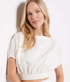 Faherty Cala Windowpane Dolman Cropped Ivory Top S Organic Cotton Neutral Boho thumbnail 1
