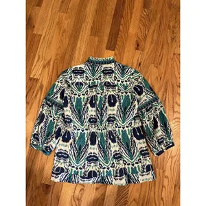 Liza Byrd Womens M Turquoise Navy Blue Print Long Sleeve boho tunic top Ikat thumbnail 2