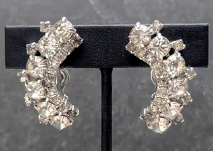 Vintage Clip On Earrings Large Curved Silver Tone & Clear Gems - Statement Glam thumbnail 1