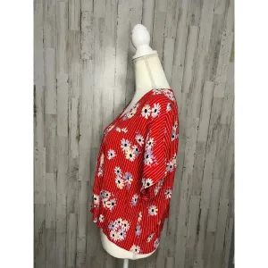 Madewell Women's Large Floral‎ Cropped Blouse Red V-Neck Short Sleeve thumbnail 4