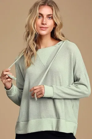 Lulus Getting Warmer Sage Green Knit Hooded Sweater Top - Size S thumbnail 1