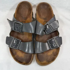 Birkenstock Arizona Leather Sandals Gray Two‎ Strap Slides EU 38N US 7 READ thumbnail 3