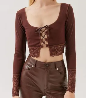New with tags. Brown lace trim long sleeve crop top thumbnail 1
