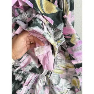 PINCH Watercolor Abstract Floral Midi Dress Smocked Puff Sleeve V-Neck Pink Sz M thumbnail 12
