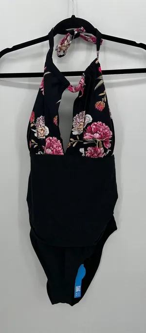 Cupshe Womens One‎ Piece Swimsuit Black Floral Halter Ruched Keyhole Size 2X NWT thumbnail 1