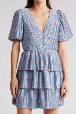 WAYF Blue Floral Pleated Tiered Ruffle Mini Dress Short Puff Sleeve V-Neck L NEW thumbnail 1