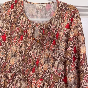 Entro Floral Smocked Mini Dress Long Sleeve Boho Tan Red Brown D21560 Womens M‎ thumbnail 3