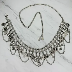Rhinestone Cross and Coin Charm Silver Tone Metal Chain Link Belt OS One Size thumbnail 1