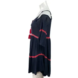 Entro Navy Blue Red Tassel Cold Shoulder Lace Boho A Line Mini Dress Size M thumbnail 2