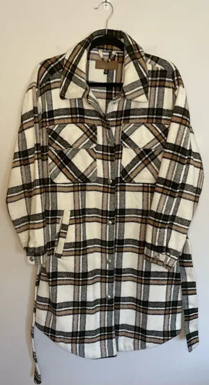 Blank NYC Plaid Button-Front Shacket, White/Brown/Black, Size M, EUC thumbnail 1