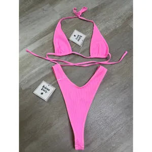 NEW Kulani Kinis Taffy Pink Ribbed Bikini Small Bind Tie Halter High Leg Thong thumbnail 2