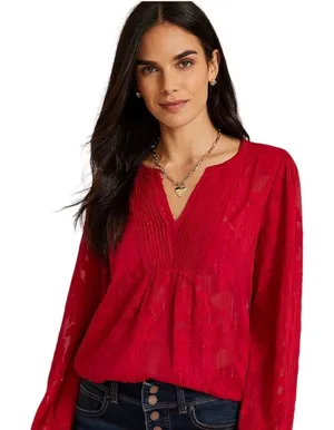 Maurices Blouse Large Red Floral Burnout Metallic Split Neck Pleated Peasant thumbnail 1