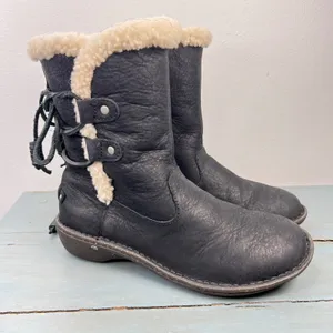 UGG Simmens Black Leather Shearling Lined Winter Boots 1007760 Womens 8 thumbnail 4