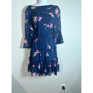 Eliza J Navy Floral Clip Dot Tiered Ruffle Fit &‎ Flare Dress Bell Sleeve Size 2 thumbnail 3
