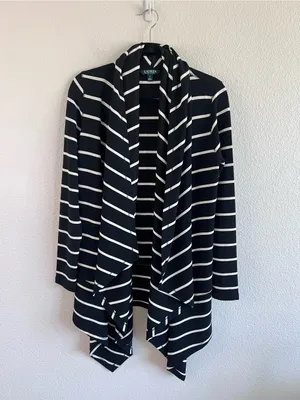 Lauren Ralph‎ Lauren Women's Open Front Waterfall Terry Cardigan Striped Black thumbnail 2