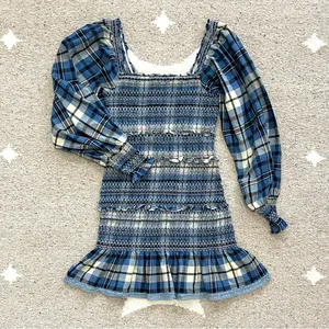 LoveShackFancy Stanley Blue Plaid Smocked Mini Dress Medium thumbnail 6