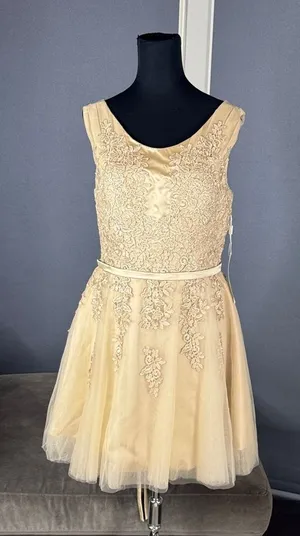 Women’s Gold Satin and Tulle Floral Short Prom Party Formal Dress Size 8 NEW thumbnail 1