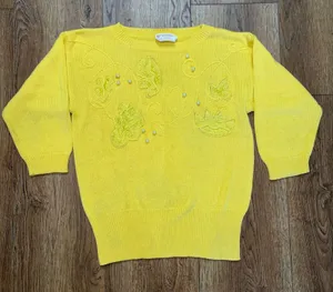 VTG 80s Beldoch Popper Yellow Floral Applique Pearl Knit Sweater Womens M READ thumbnail 1