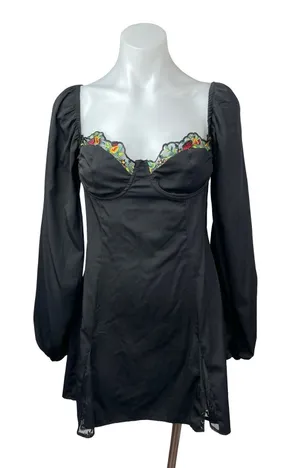 Princess Polly Black Long Sleeve Floral Lace Bustier Mini A Line Dress Size 8 thumbnail 1