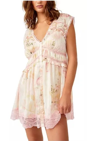 Free People Spring Fling Mini Dress Medium Pink Lace Boho Floral Cottagecore thumbnail 1