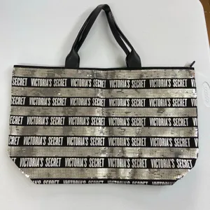 Victoria's Secret black‎ silver sequin striped large tote bag purse zip lined thumbnail 1