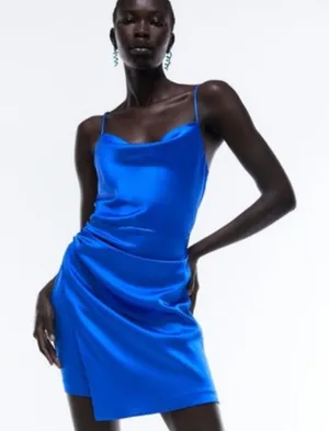 NWT Zara Draped Mini Dress Cobalt Blue Size Small thumbnail 1