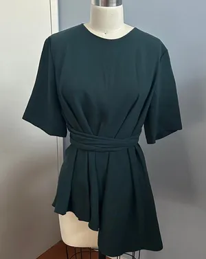 Zara dark green asymmetrical hem tie belted short sleeve blouse thumbnail 1