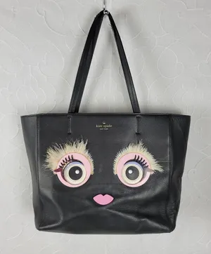 Kate Spade Womens Shoulder Bag Black Monster Eyes Hallie 100% Cow Leather Tote thumbnail 1