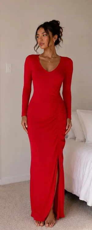 NWT SHEIN SXY Red Ruched Side Slit Maxi Dress | Size L thumbnail 1