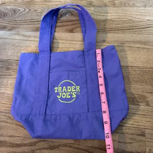 Trader Joes Mini Canvas Tote Bag Purple Yellow‎ Logo Limited Edition Grocery Bag thumbnail 2