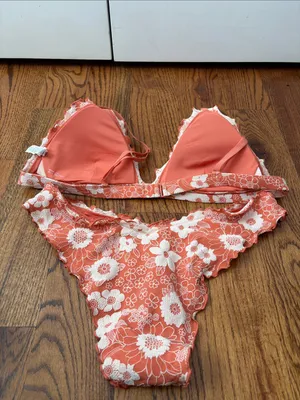 aerie Coral & White Floral Lace Bralette Bikini Set Top XL Bottom Large thumbnail 4