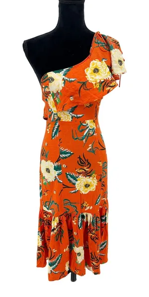 Urban Outfitters Carmen Orange One Shoulder Linen Knit Floral Midi Dress‎ XS thumbnail 1