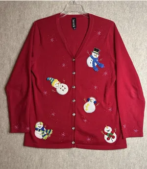 Berek Red Snowman Christmas Holiday Button Up Cardigan Sweater Womens Lg thumbnail 1