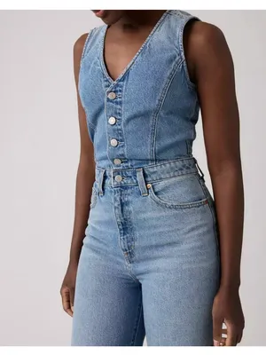 New Levi's Size 27 Denim Wide-Leg Jumpsuit Own It Jumpsuit Medium Wash thumbnail 2