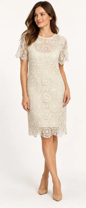 Ralph Lauren Crochet Lace Dress Women Medium Ivory Short Sleeve Shift Mini Retro thumbnail 1