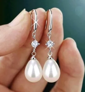 925 Silver Plated White Pearl Dangle Drop Earrings for Women thumbnail 1