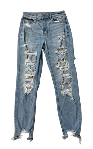 American Eagle Mom Jeans‎ Light Wash Distressed Ripped Denim Womens 6 Stretch thumbnail 1