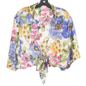 Floral Crop Top Tie Front Tropical Resort Vacation Beach Boho Romantic Spring L thumbnail 2