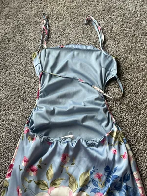 Blush BJ Light Blue Floral Satin Mini Dress with Spaghetti Straps thumbnail 3