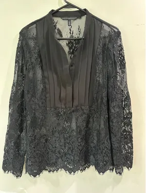 White House Black Market Black Lace Pleated Bib Blouse Top Size 10 Long Sleeve thumbnail 1