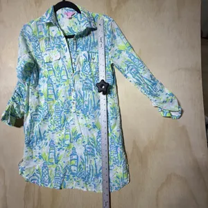 Lilly Pulitzer Lighthouse Print Tunic Top XS Blue Green Coastal Beach‎ thumbnail 6